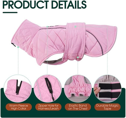 Kuoser Dog Jacket Warm Fleece Lined Dog Coats for Small Dogs, Waterproof Pet Coat Reflective Puppy Snowsuit with Harness Hole for Cold Weather Walking Hiking, Quilted Dogs Winter Vest, Pink, S