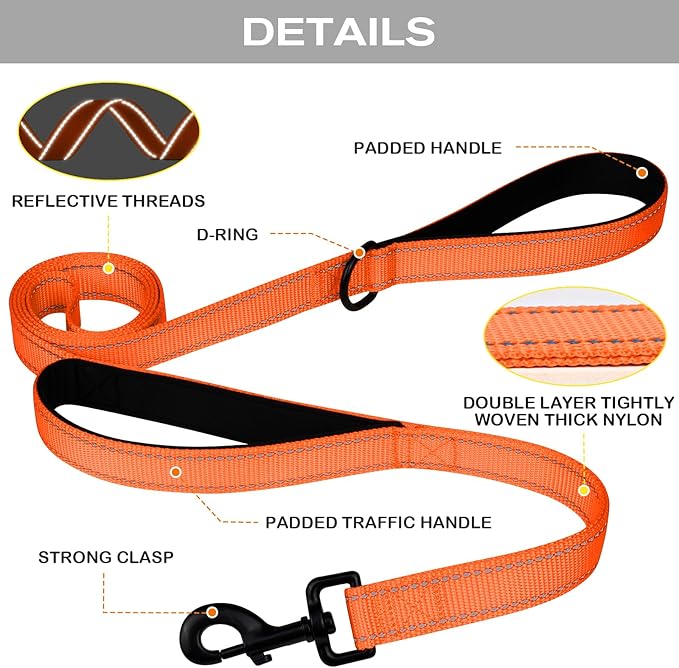 Joytale Dog Leash Heavy Duty for Large Dogs That Pull, Double Handle for Traffic Control, Double-Sided Reflective Leashes for Large Medium Dogs Night Safety, 5FT, Orange