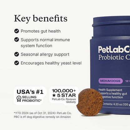 PetLab Co. Probiotics for Dogs - Support Gut Health, Occasional Diarrhea, Digestive Health, Paw Licking & Seasonal Allergies, Pork Flavor, 30 Soft Chews, Formulated for Medium Dogs, Packaging May Vary