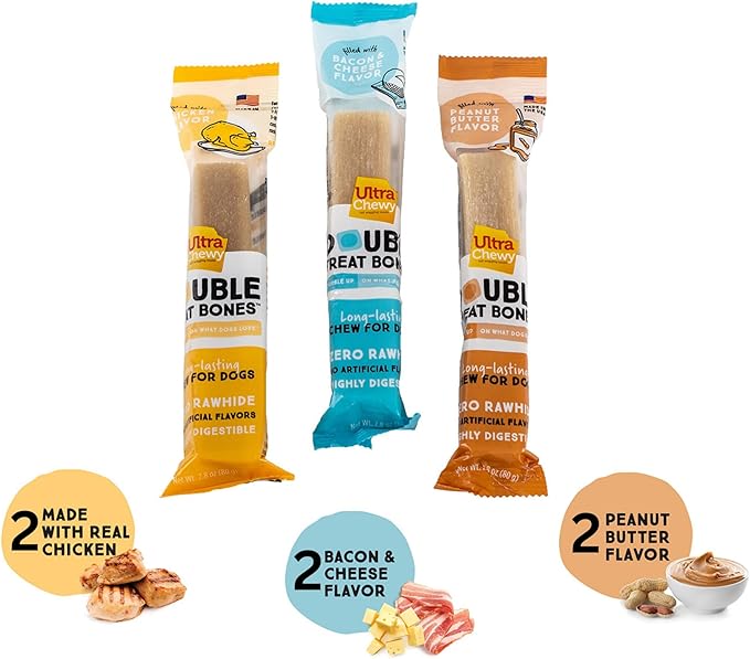 Ultra Chewy Peanut Butter, Chicken, Bacon and Cheese Flavors: Long-Lasting Treats Made in USA for Large and Small Breeds, Highly Digestible, for Aggressive Chewers (Favorite Flavors, 6 Count)