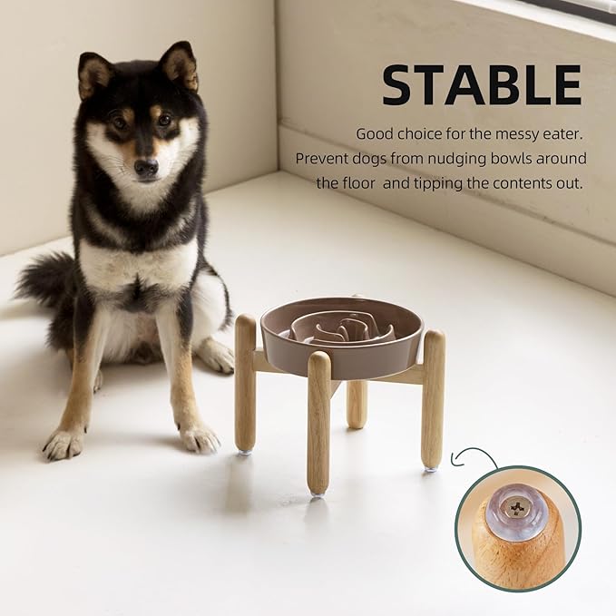 Ceramic 1.2 Cup Raised Slow Feeder Dog Bowl Set, Elevated Wooden Stand for Medium and Small Dog, 7.3inch Puzzle Slow Dish, Preventing Choking(Brown Coffee, Single Bowl+ Stand)