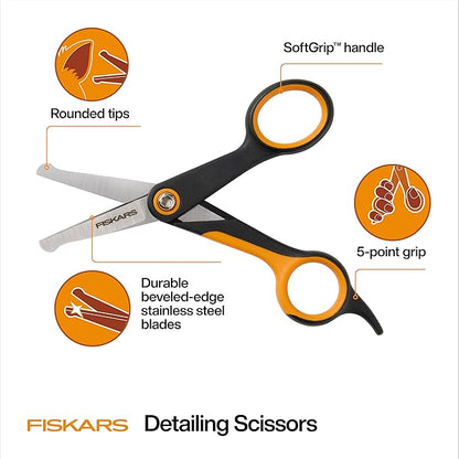 Fiskars Pet, Dog & Cat Grooming Scissors, Rounded Tips & SoftGrip Handle, Cat and Dog Supplies, Orange/Black, Detailing Scissors