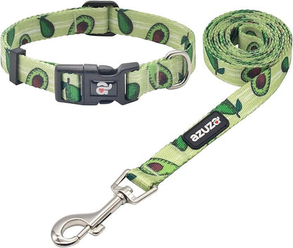 azuza Dog Collar and Leash Set, Fun Avocado Patterns on Nylon Collar and Matching Leash, Great Option for Large Dogs