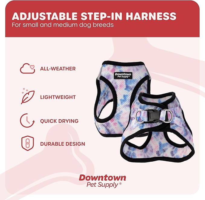 Downtown Pet Supply Step-in Dog Harness – No Pull, Adjustable Padded Mesh with Reflective Trim, Secure Buckle Strap – Comfortable & Breathable Small Dog Harness, X-Small, Tie Dye