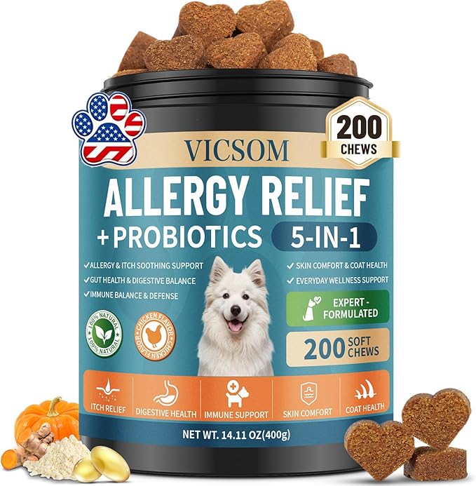 VICSOM Dog Allergy Chews for Dogs Itching Skin Relief with Probiotics for Dogs Immune Support, Itchy Skin & Ears, Licking Paws, Itch Relief for Dog with Probiotics for Gut Health, 200 Chews