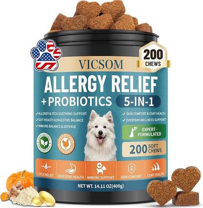 VICSOM Dog Allergy Chews for Dogs Itching Skin Relief with Probiotics for Dogs Immune Support, Itchy Skin & Ears, Licking Paws, Itch Relief for Dog with Probiotics for Gut Health, 200 Chews