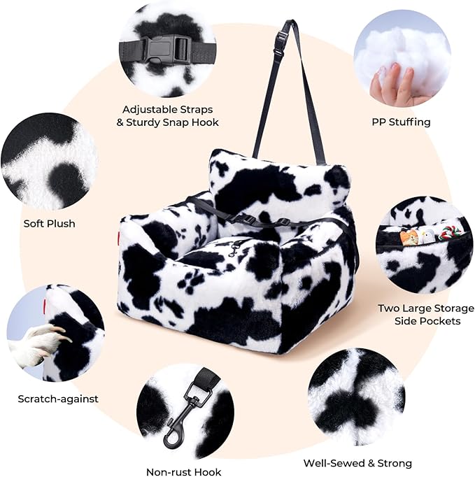 BurgeonNest Dog Car Seat for Small Dogs, Detachable and Washable Cat Carseats Under 25 lbs, Soft Pet Booster Seats with Storage Pockets and Clip-On Leash Portable Car Travel Carrier Bed, Milk Cow
