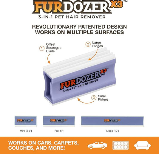 FurDozer Pet Hair Remover & Auto Detailing Tools - Cat & Dog Hair Remover for Carpets, Car Interiors, Couches, Bedding, & Pet Furniture (Purple, X3 MINI - 3.5" Long)