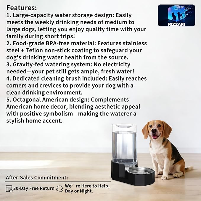 Sfozstra Large Dog Water Dispenser: 8L Automatic Black Stainless Steel Water Feeder with Specialized Brush - Gravity Design for Pets with Joint Issues - Use in Living Room Bedroom