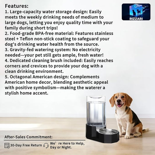 Sfozstra Large Dog Water Dispenser: 8L Automatic Black Stainless Steel Water Feeder with Specialized Brush - Gravity Design for Pets with Joint Issues - Use in Living Room Bedroom