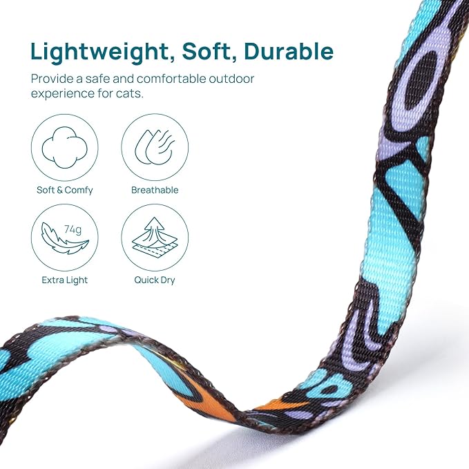 Cat Harness and Leash Set - Escape Proof Adjustable Cat Harness, Comfortable Soft Lightweight, Use Safe & Easy, Walking Travel Kitten Harness for Small Medium Large Cats (Blue Butterfly Magic)