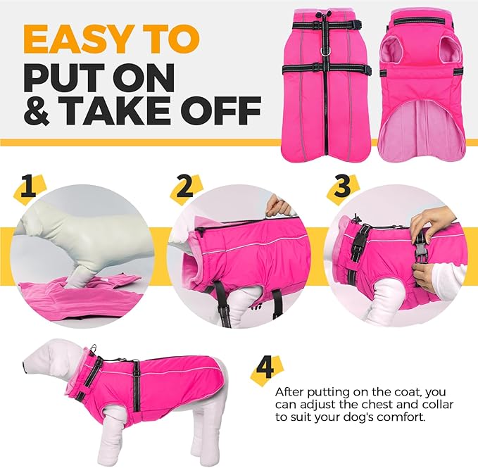 Lelepet Dog Winter Coat Waterproof Dog Jacket with Harness Built in Windproof Reflective Pet Coats for Small Medium Large Dogs, Thermal Fleece Lined Coats for Cold Weather Walking Hiking, Rose Red XXL