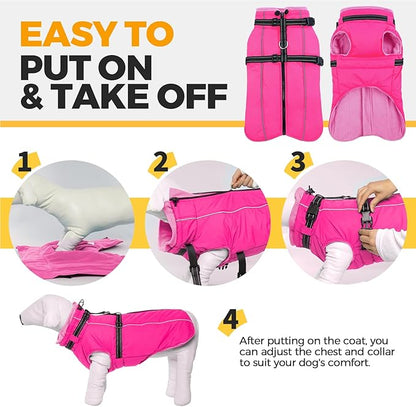 Lelepet Dog Winter Coat Waterproof Dog Jacket with Harness Built in Windproof Reflective Pet Coats for Small Medium Large Dogs, Thermal Fleece Lined Coats for Cold Weather Walking Hiking, Rose Red XXL