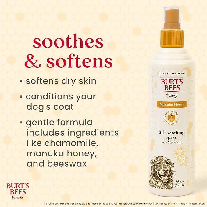 Burt’s Bees for Pets Itch Spray with Manuka Honey and Chamomile for Dogs - Naturally Derived Ingredients, Formulated Without Artificial Fragrances, Sulfates, Colorants, 10 Fl Oz