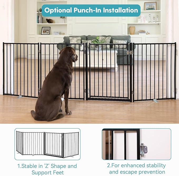 No Pawblems Free Standing Dog Gate with Door, 30'' Tall Foldable Dog Fence for Indoor & Outdoor, Up to 78 Inch Extra Wide Puppy Gate for Stairs, Hallways, Doorways, Deck, Yard (Black, 3 Panels)