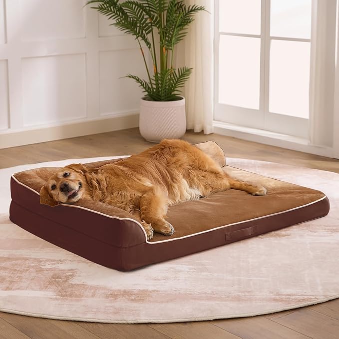 Dog Bed Large Sized Dogs, XXL Orthopedic Dog Bed for Large Dogs, Waterproof Pet Bed with Washable Removable Cover, L-Shaped Pet Couch with Portable Handle 48"x35"x7.5", Brown