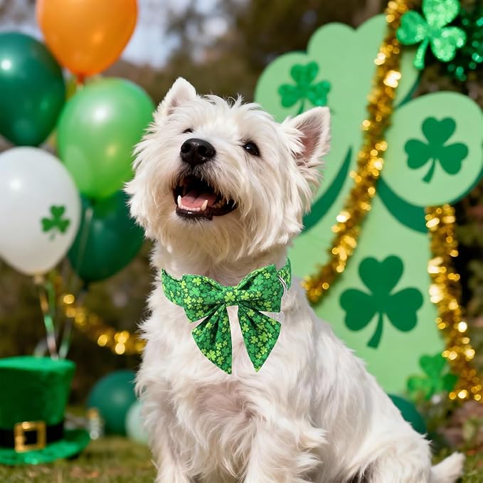 St. Patrick's Day Dog Collar with Bow Tie, Cotton St. Patrick's Day Bowtie Collar for Girl Boy Dosg, Lucky Shamrock Pet Collars with Metal Buckle, Spring, L, Neck 16-24in