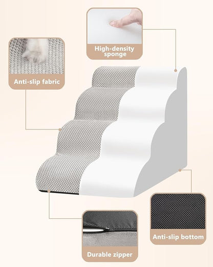 Aodisman Dog Stairs Ramp for Bed and Couch,4 Step Dog Steps for Small Dogs,Pet Stairs with Non-Slip Bottom for Old Cats,Indoor Pet Steps,Comfort,Durable,17.4" H,Light Grey