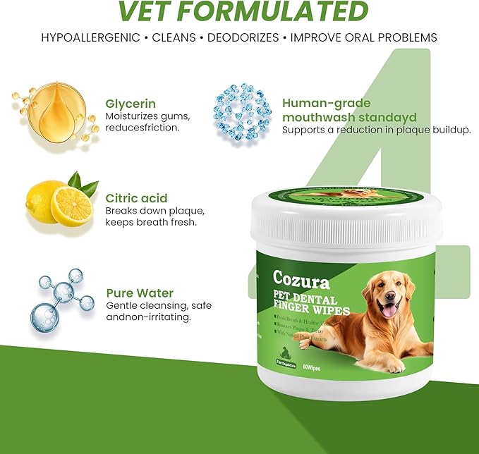 Dog Teeth Cleaning Wipes, Finger Dental Care Wipes for Dogs & Cats | Gentle Dog Tooth Brushing Kit Alternative, Helps Reduce Plaque & Tartar, Fresh Breath | 60 Count, Unflavored