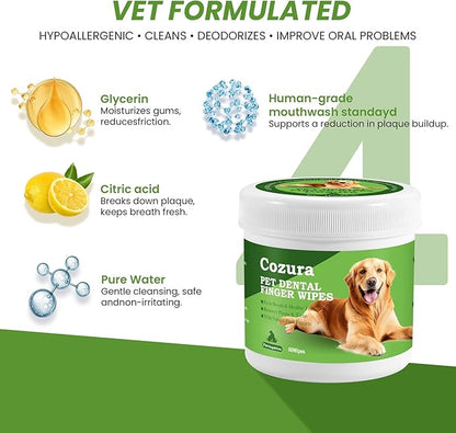 Dog Teeth Cleaning Wipes, Finger Dental Care Wipes for Dogs & Cats | Gentle Dog Tooth Brushing Kit Alternative, Helps Reduce Plaque & Tartar, Fresh Breath | 60 Count, Unflavored