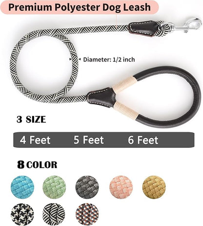 Mile High Life Genuine Leather Wrapped Handle Dog Leash, w Heavy Duty Clasp Rope Leash for Small Medium Large Dogs (Black Beige, 5FT)