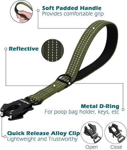 PetBonus Heavy Duty Short Dog Leash, 12 Inch Nylon Traffic Leash with Quick Release Clip, Comfortable Padded Handle, Reflective Training Lead for Medium Large Dogs (Army Green, 12")