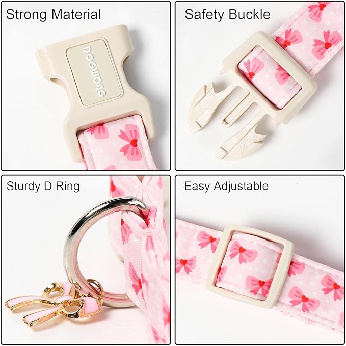 DOGWONG Cute Bowtie Printed Collar for Small Medium Large Dogs - Pink Dog Collar for Girl Female Dogs,M