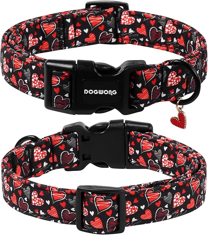 DOGWONG Valentine's Day Dog Collar, Red Heart Dog Collars Female or Male Adjustable Cotton Pet Collar with Quick Release Buckle for Small Medium Large Dogs,XS