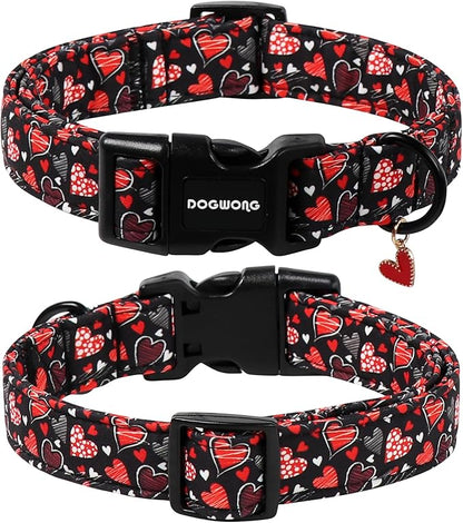 DOGWONG Valentine's Day Dog Collar, Red Heart Dog Collars Female or Male Adjustable Cotton Pet Collar with Quick Release Buckle for Small Medium Large Dogs,XS