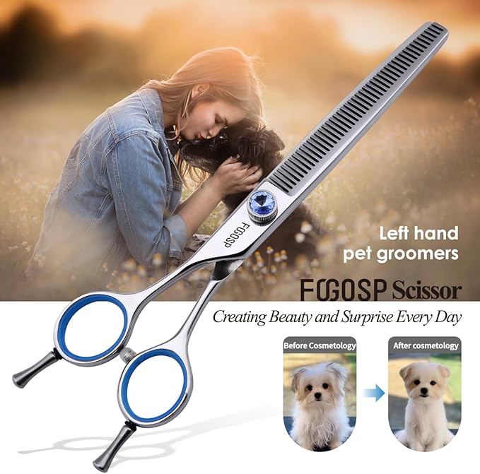 Left Handed Thinning Shears for Dogs 7in Professional Dog Thinning Shears for Grooming 56 Teeth Dog Grooming Scissors for Pet Cat Japanese 440C Stainless Steel(7.0'' Blending)
