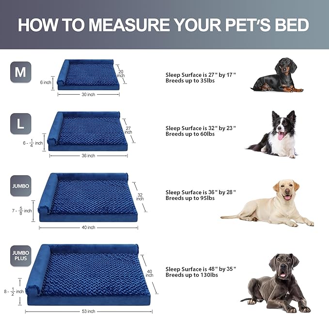 MIHIKK Orthopedic Dog Couch Bed Deluxe Plush L-Shaped with Waterproof Lining Bolster Dog Sleeping Sofa with Removable Washable Cover & Nonskid Bottom Pet Bed for Large Dogs, Blue