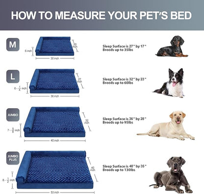 MIHIKK Orthopedic Dog Couch Bed Deluxe Plush L-Shaped with Waterproof Lining Bolster Dog Sleeping Sofa with Removable Washable Cover & Nonskid Bottom Pet Bed for Large Dogs, Blue