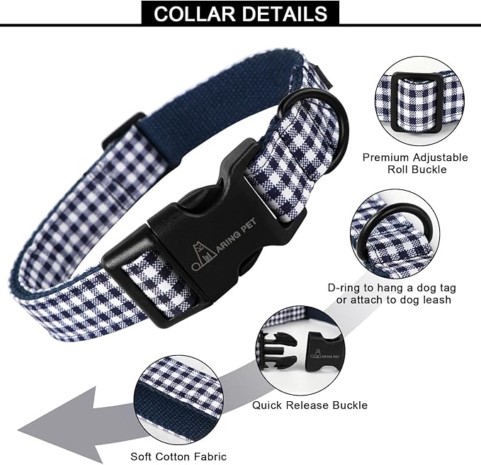 ARING PET Dog Collar, Cute Adjustable Comfortable Cotton Navy White Plaid Pet Collars for Small Medium Large Male Female Boy Girl Dogs-Small
