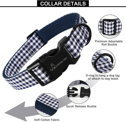 ARING PET Dog Collar, Cute Adjustable Comfortable Cotton Navy White Plaid Pet Collars for Small Medium Large Male Female Boy Girl Dogs-Small