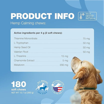 Soft Calming Chews for Dogs - Calming Chews for Dogs with Valerian Root, Melatonin, Vitamin B Complex & Chamomile Extract - Canine Treats for Fireworks, Grooming, Vet Visits, Thunderstorms