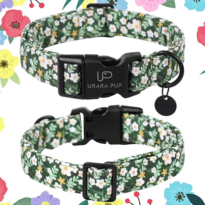 UP URARA PUP Summer Dog Collar, Flower Print Dog Collar with Adjustable Plastic Buckle, Lightweight Cute Pet Collar, Ideal Gift for Boy Girl Dogs
