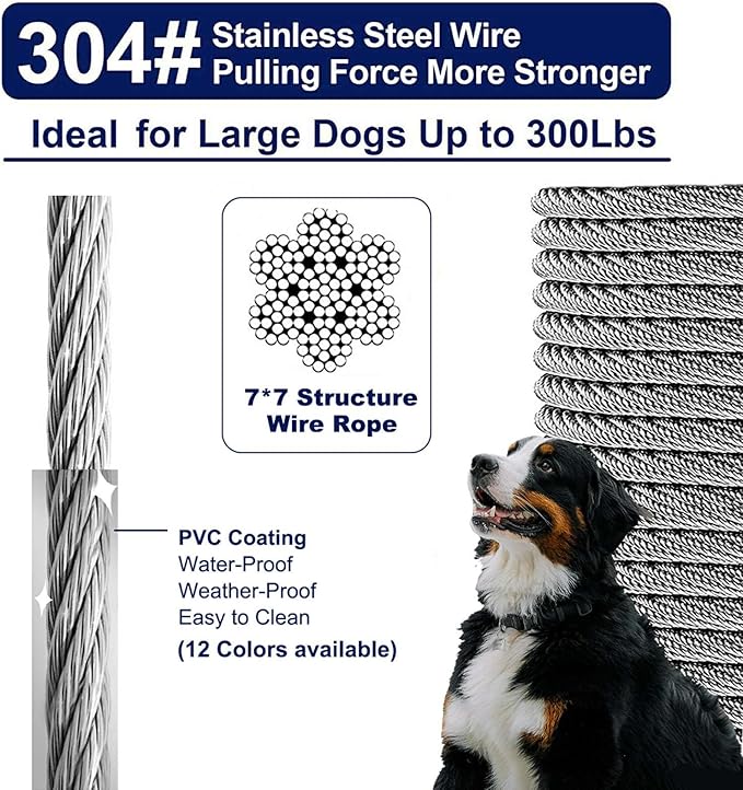 Tie Out Cable for Dogs Up to 300lbs,100ft Extra Strong 1000lbs Break Strength Tie-Out Tether Trolley Training Lead,Dog Run Cable for Yard Garden Park Camping Outside (Silver, 300lbs 100ft)