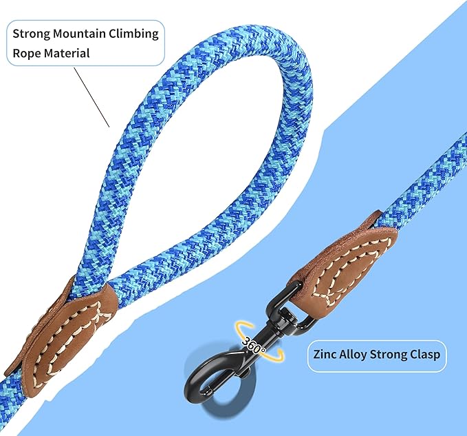 Mile High Life | Mountain Climbing Dog Rope Leash with Heavy Duty Metal Sturdy Clasp | Genuine Leather Tailored Connection with Strong Stitches (Sky Blue Hot Blue, 72 Inch (Pack of 1))