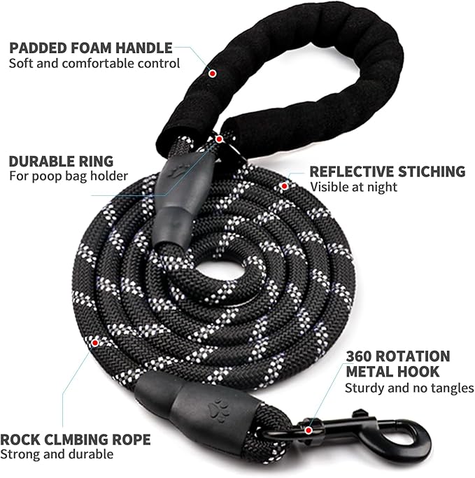 COOYOO Dog Leash 6 FT Heavy Duty - Comfortable Padded Handle - 1/2 inch Reflective Dog Leash for Medium Large Dogs with Poo Bag Dispenser