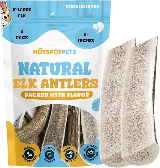 hotspot pets Grade A, Split Elk Antlers for Large Dogs X-Large 8+ Inches- Premium Elk Antlers for Dogs 50+Lbs (2 Pack) Naturally Shed Antler Bone for Large Breed Aggressive Chewers -Sourced in USA