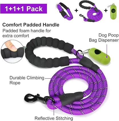 Dynmeow Reflective Dog Collar and Leash Set, 6FT Strong Climbing Rope Leash with Padded Handle, Adjustable Pet Collar with Soft Neoprene Padding for Small Medium Dogs, Purple, S