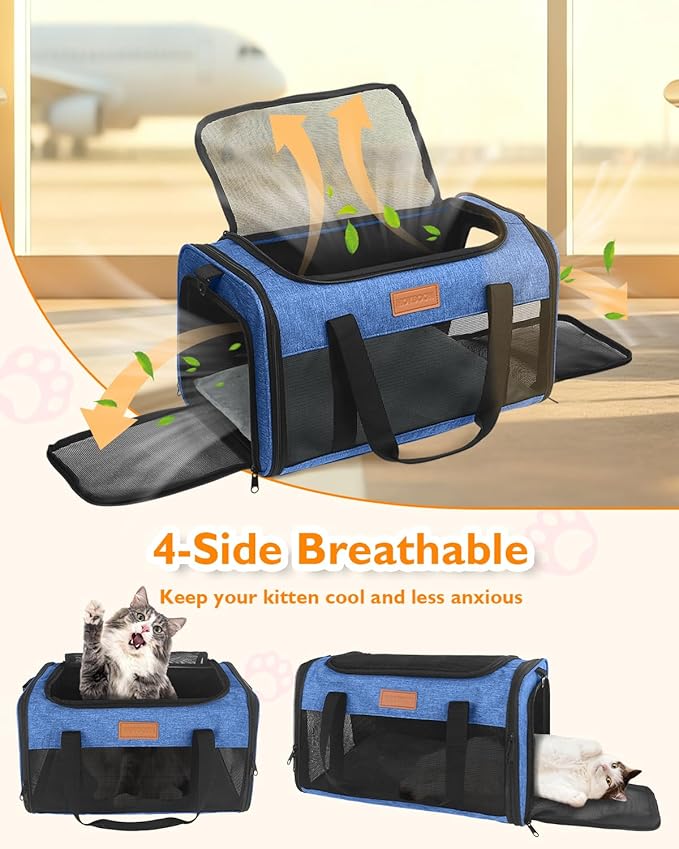 PETUX Airline Approved Pet Carrier - 17x11x9.5 in, Underseat, Top & Side Entry, Soft Sided Cat Dog Carrier for Small Cat & Dog Up to 12 lbs with Breathable Anti-Scratch Mesh for Travel & Vet - Blue