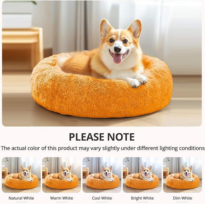 JOLLYVOGUE Calming Dog Bed Medium Size Dog, Anti-Anxiety Donut Medium Pet Bed, 27 inches Fluffy Faux Fur Round Cat Bed (Orange)