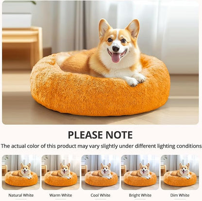 JOLLYVOGUE Calming Dog Bed Medium Size Dog, Anti-Anxiety Donut Medium Pet Bed, 27 inches Fluffy Faux Fur Round Cat Bed (Orange)