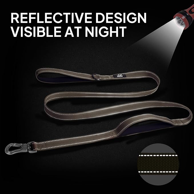 TwoEar 5FT 1IN Strong Brown Dog Leash with 2 Padded Handles, Traffic Handle Extra Control, Comfortable Soft Dual Handle, Auto Lock Hook, Reflective Walking Lead for Small Medium and Large Dogs