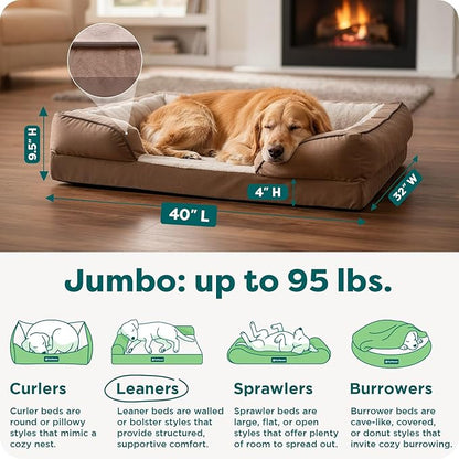 Furhaven Orthopedic Dog Bed for Large Dogs w/ Removable Bolsters & Washable Cover, For Dogs Up to 95 lbs - Plush & Velvet Waves Perfect Comfort Sofa - Brownstone, Jumbo/XL