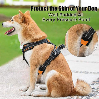 PoyPet No Pull Dog Harness, Reflective Comfortable Vest Harness with Front & Back 2 Leash Attachments and Easy Control Handle Adjustable Soft Padded Pet Vest for Small to Large Dogs (Orange,L)