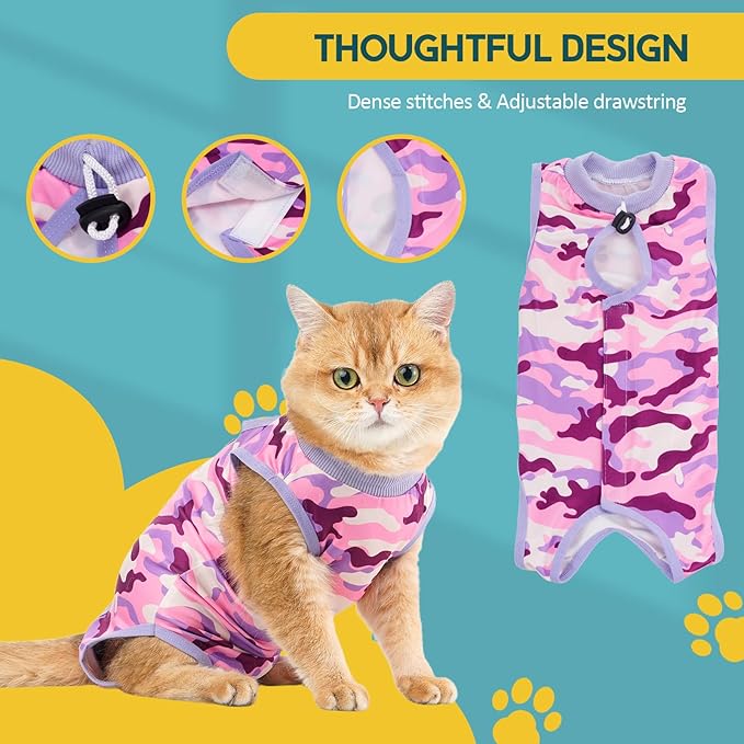 Avont Cat Recovery Suit - Kitten Onesie for Cats After Surgery, Cone of Shame Alternative Surgical Spay Suit for Female Cat, Post-Surgery or Skin Diseases Protection -Purplecamo(S)