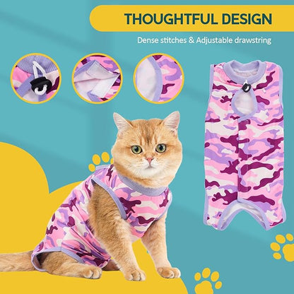 Avont Cat Recovery Suit - Kitten Onesie for Cats After Surgery, Cone of Shame Alternative Surgical Spay Suit for Female Cat, Post-Surgery or Skin Diseases Protection -Purplecamo(S)