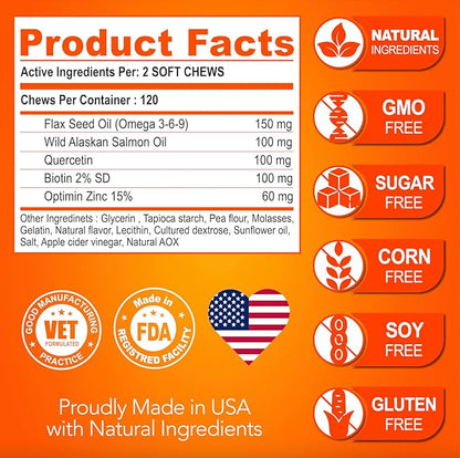 Omega 3 for Dogs - Skin and Coat Supplement - Fish Oil for Dogs Chews - Allergy and Itch Relief - Anti Shedding Supplement - Dry Skin Treatment - Salmon Oil - Made in USA - 120 Soft Treats